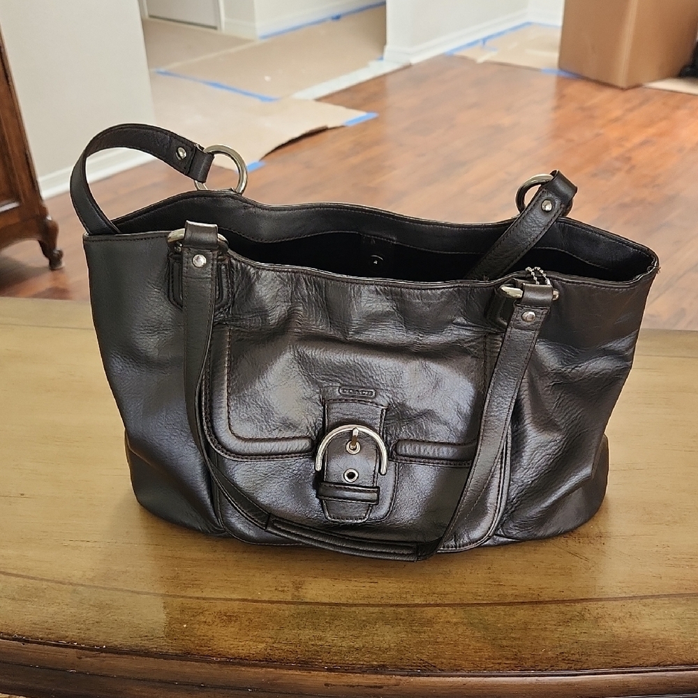 Coach Black Leather Shoulder Bag with Silver Buckle